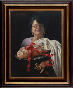 Das gemalte Portrait einer Frau zeigt eine leidenschaftliche Hobby Köchin mit einem Kuchen, welcher auf ihrer ausgestreckten Hand schwebt.